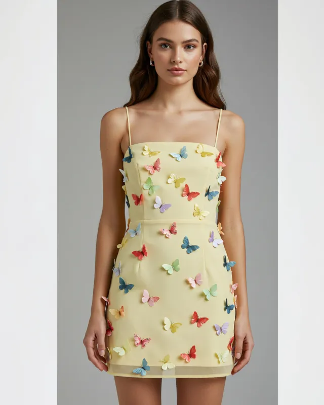 Hitomi 3D Butterfly Embellished Strappy Dress - Pastel Yellow sold by JW PEI