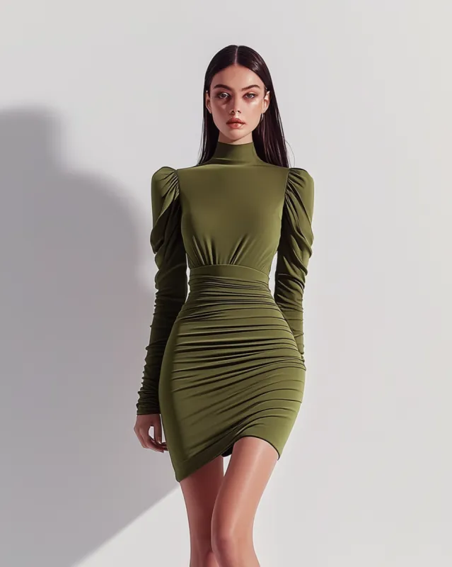 Arianna Puff-Sleeve Ruched Mini Dress - Olive Green sold by JW PEI
