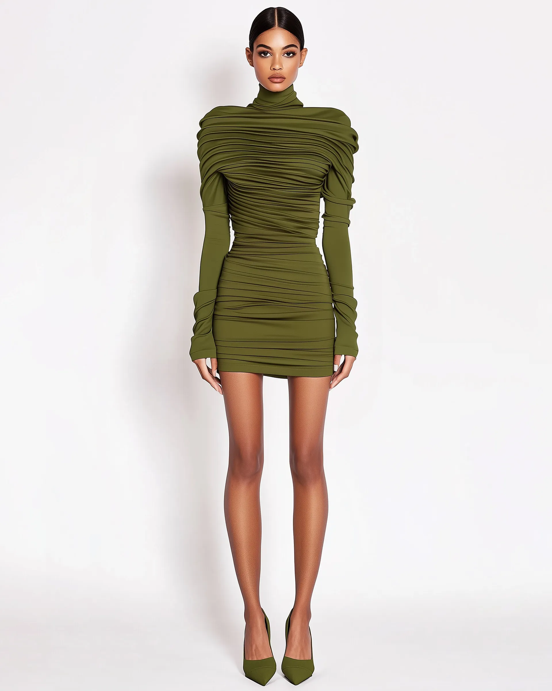Amelia Ruched High-Neck Bodycon Dress - Olive Green sold by JW PEI
