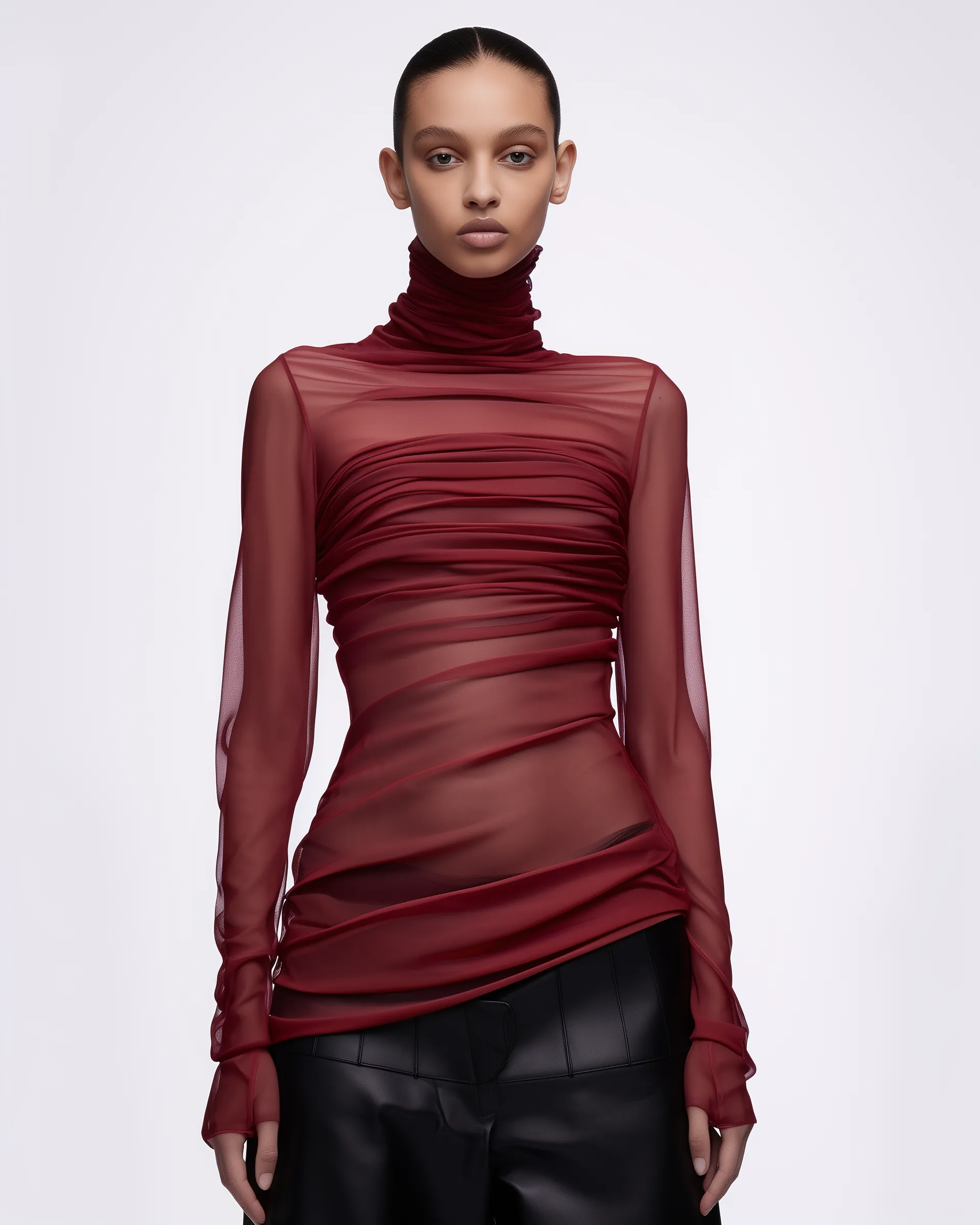 Allison Sheer Turtleneck Ruched Top - Burgundy sold by JW PEI