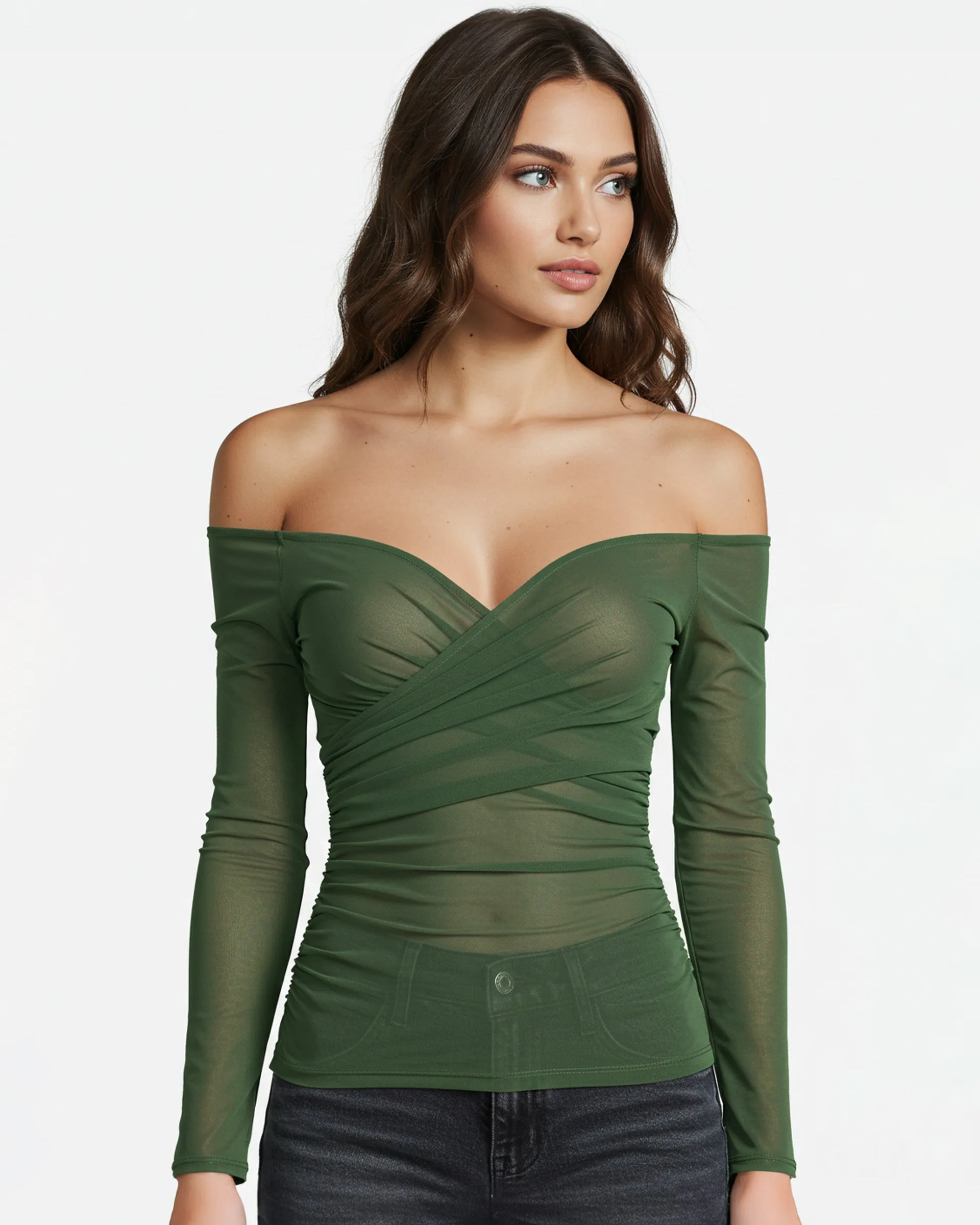 Adeline Mesh Off-Shoulder Top - Green sold by JW PEI