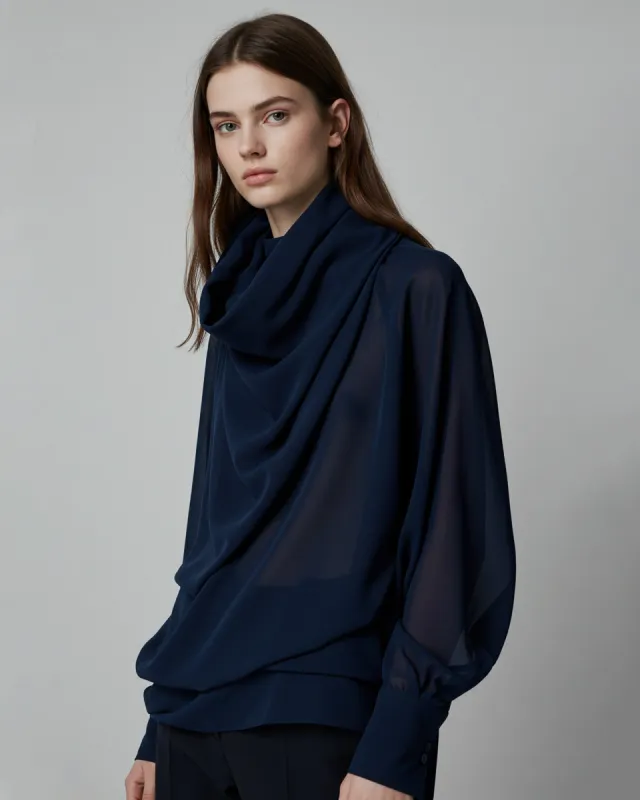 Luna Draped Turtleneck Blouse - Navy sold by JW PEI