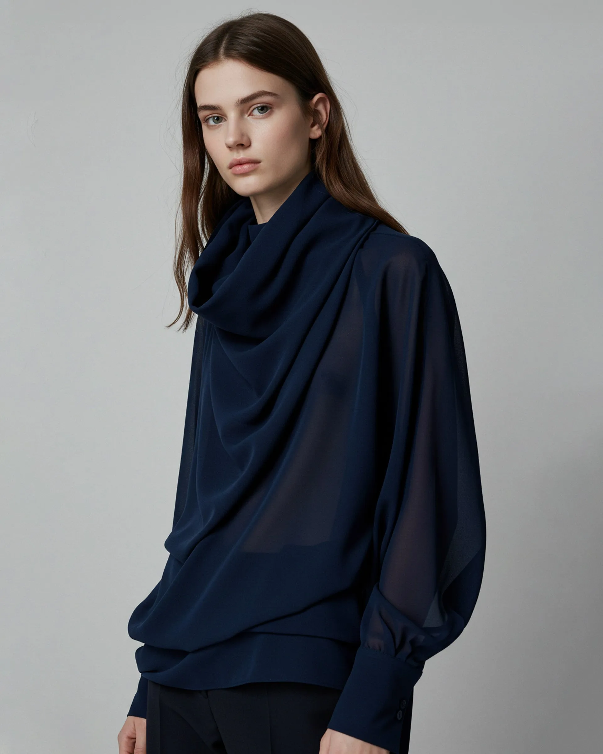 Luna Draped Turtleneck Blouse - Navy sold by JW PEI