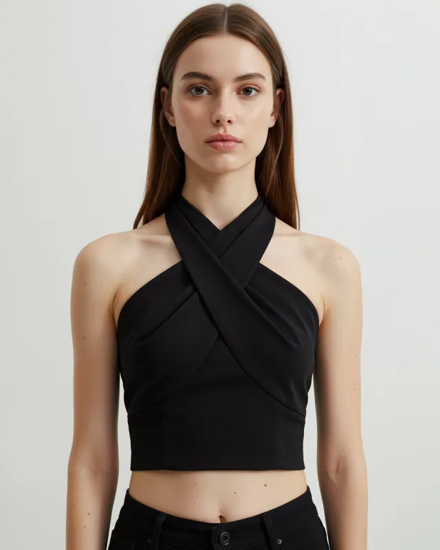 Seraphine Cross Halter Crop Top - Black sold by JW PEI