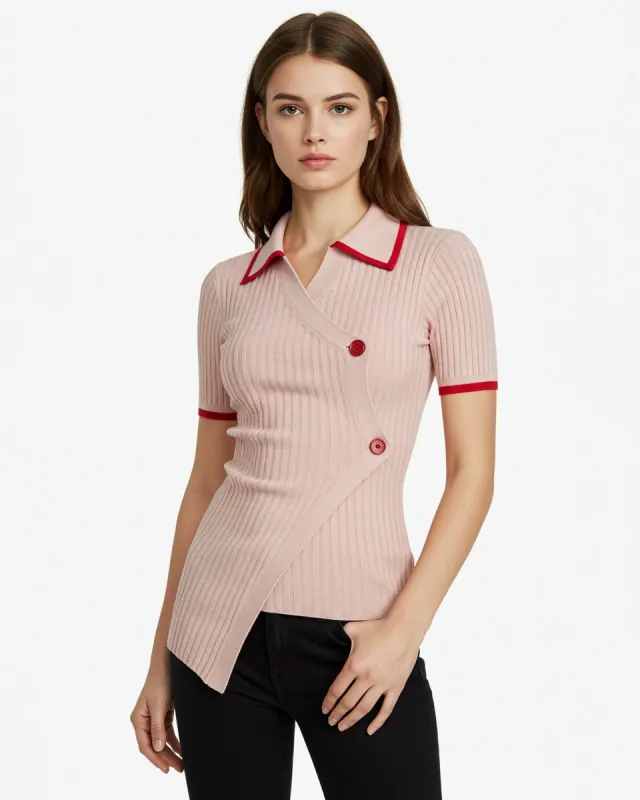 Aurora Ribbed Buttoned Polo - Pink/Red sold by JW PEI