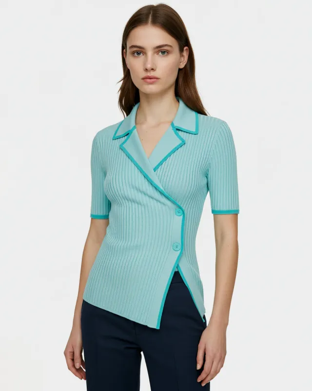 Emily Ribbed Buttoned Polo - Aqua sold by JW PEI