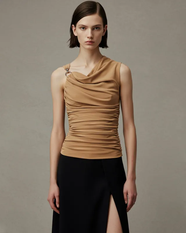 Sophia Draped Shoulder Top - Camel sold by JW PEI