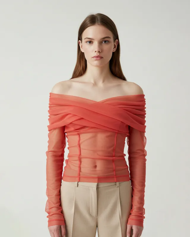 Skylar Off-Shoulder Mesh Top - Coral sold by JW PEI