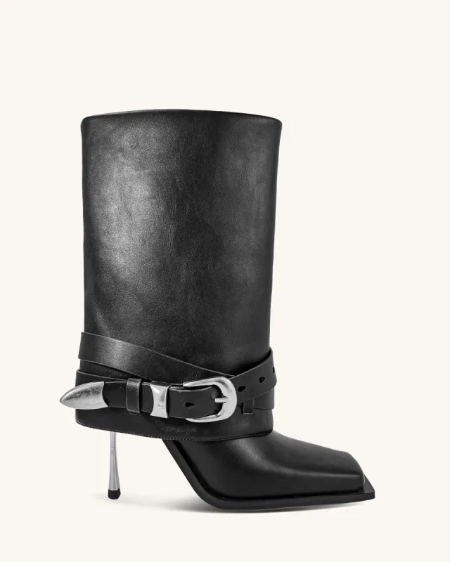 Emilia Western Buckled Leather Stiletto Boots - Black sold by JW PEI