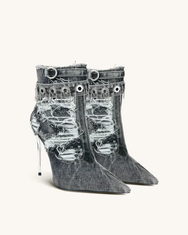 Gabriella Distressed Denim Stiletto Ankle Boots - Grey sold by JW PEI