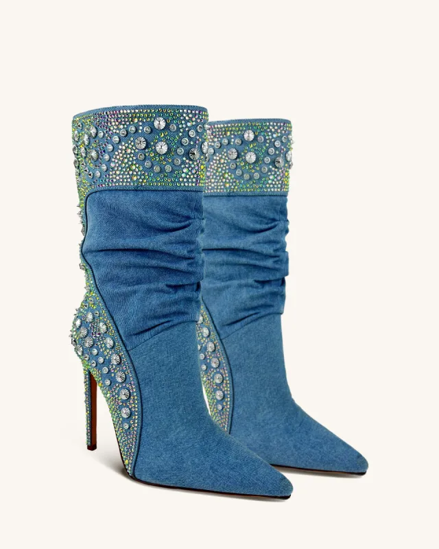 Audrey Embellished Denim High Stiletto Boots - Blue sold by JW PEI