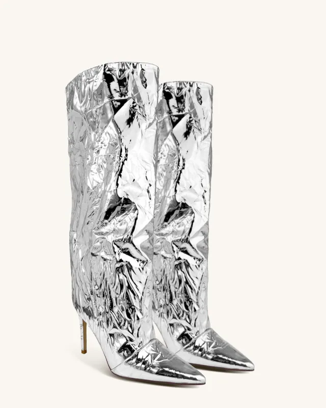 Riley High-Shine Metallic Knee-High Boots - Silver sold by JW PEI