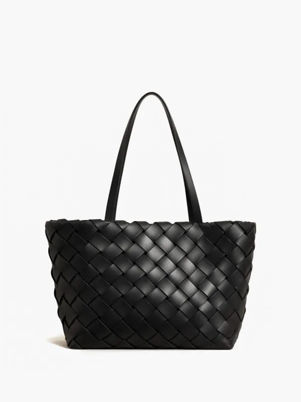 Elena Woven Leather Tote Bag - Black sold by JW PEI