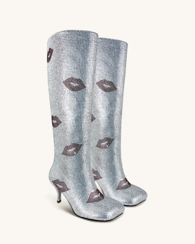 Hadley Crystal Lips Knee-High Boots - Silver sold by JW PEI