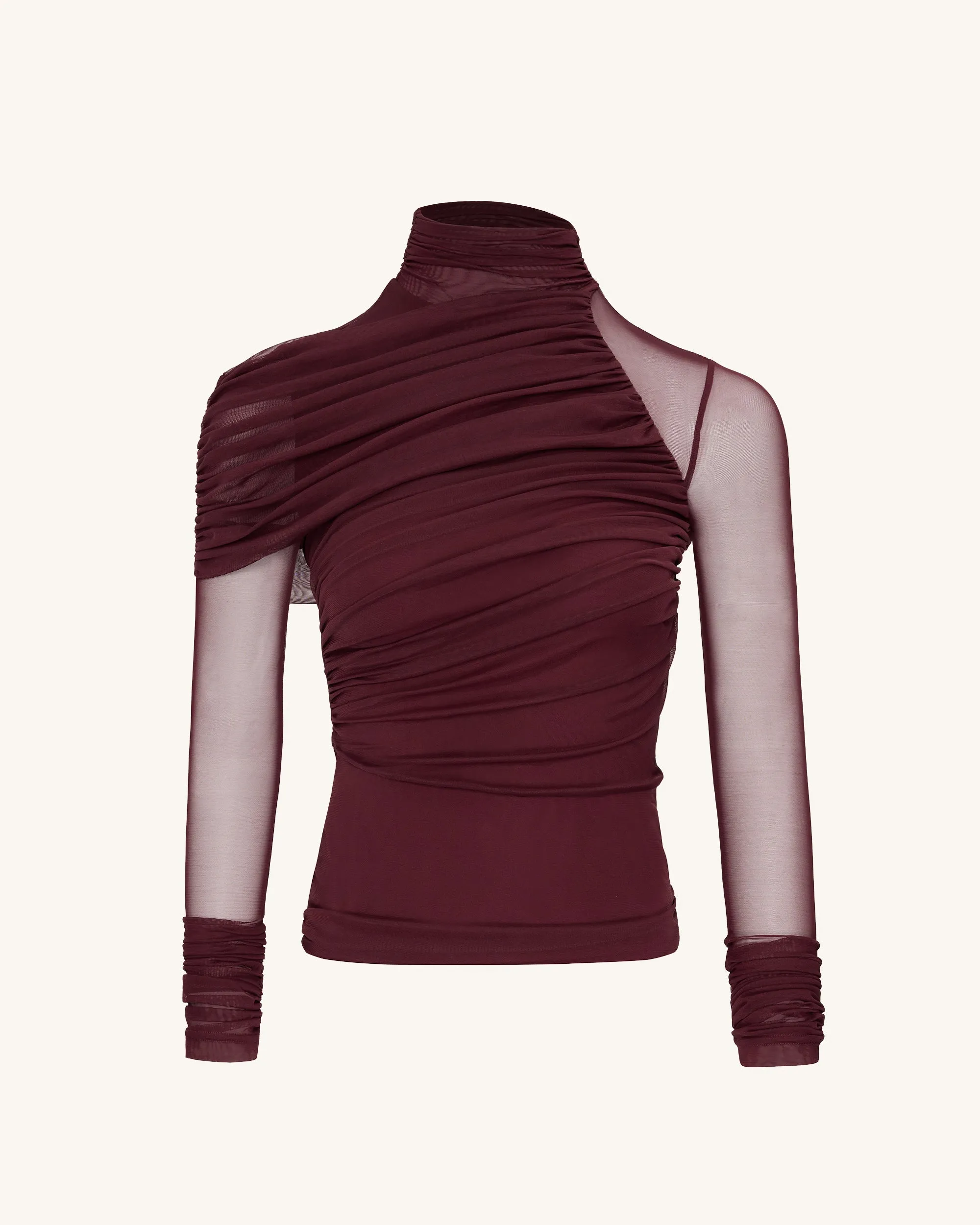 Ella Sheer Ruched Turtleneck Top - Burgundy sold by JW PEI product image thumbnail 2