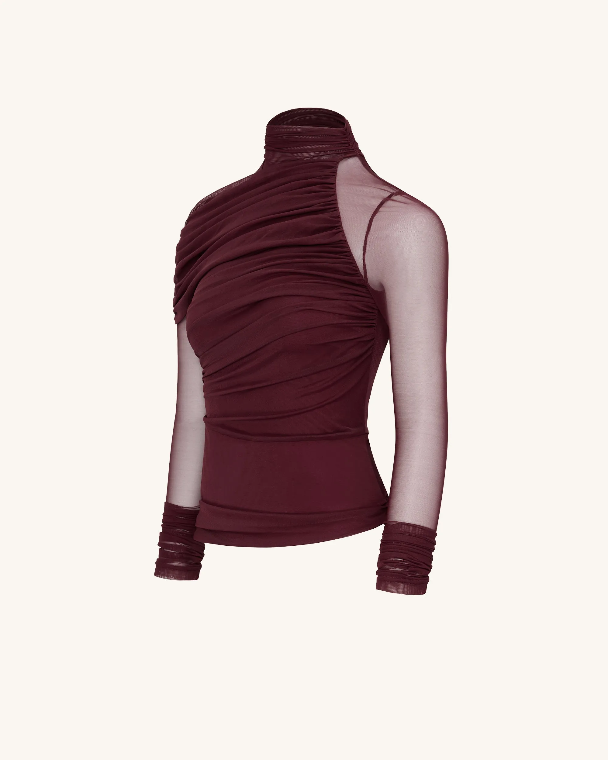 Ella Sheer Ruched Turtleneck Top - Burgundy sold by JW PEI product image thumbnail 3