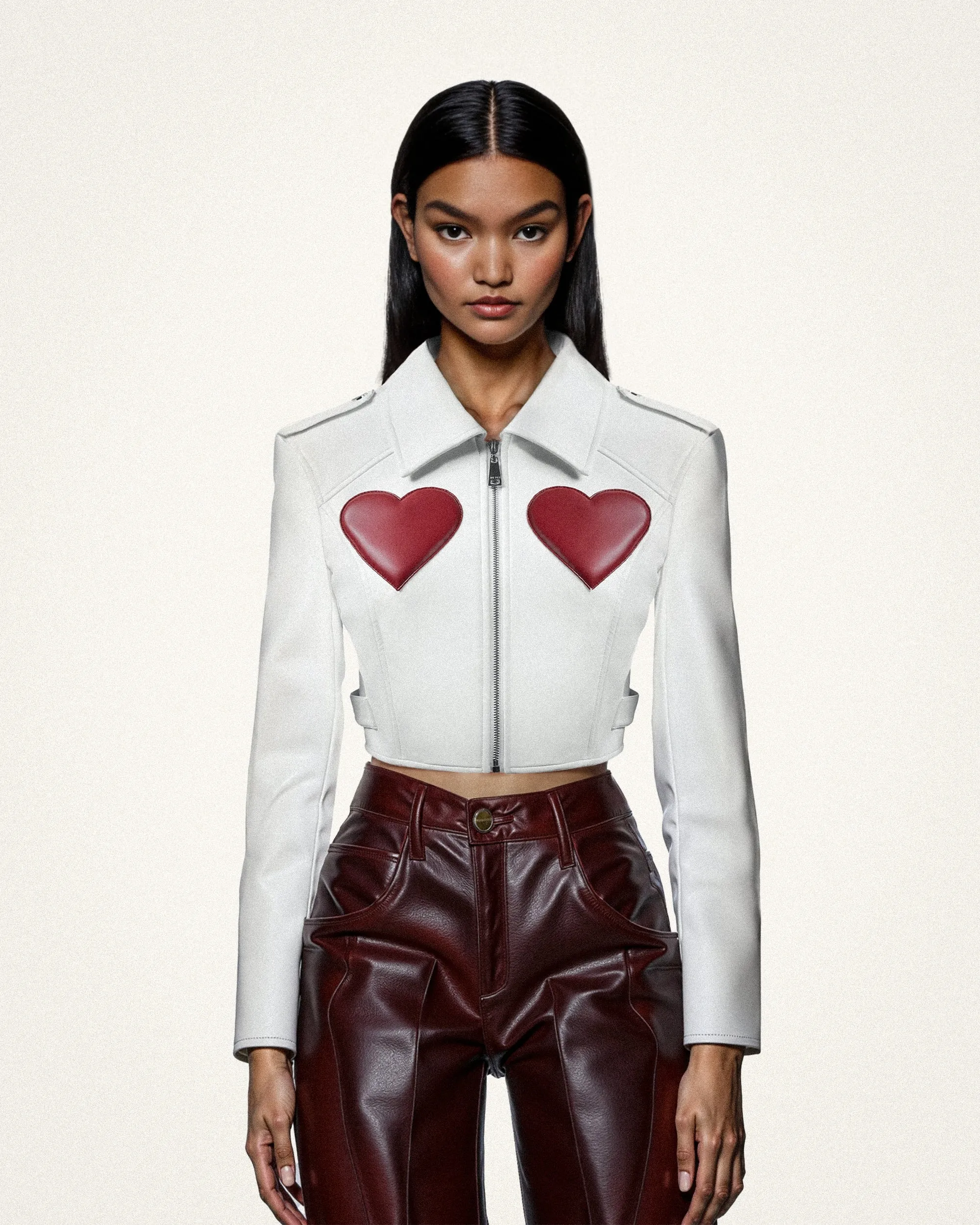 Sophie Cropped Leather Jacket - White & Red sold by JW PEI