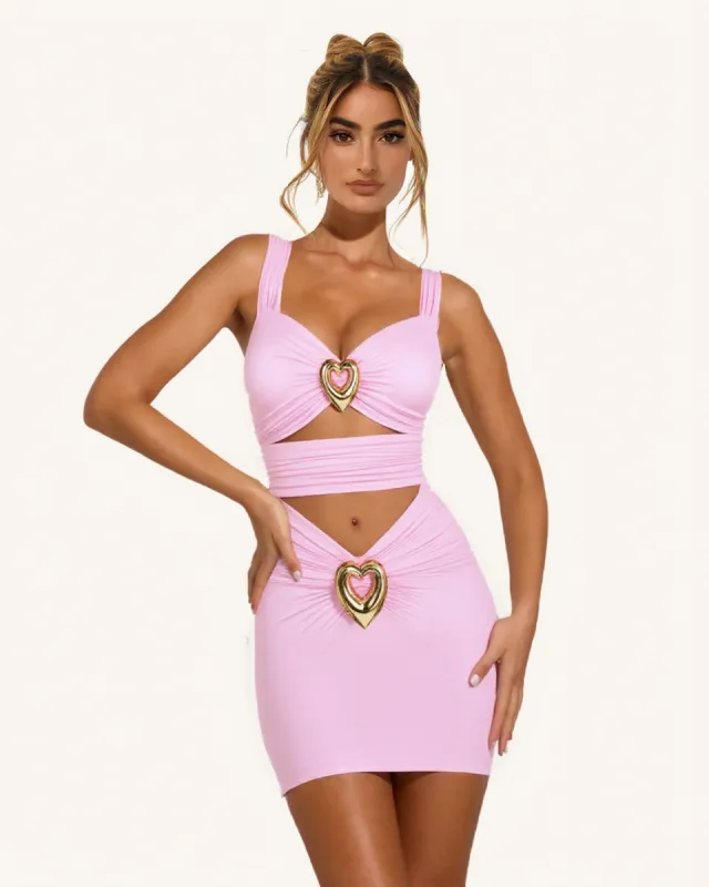 Arianna Ruched Cut-Out Dress with Heart Embellishment - Pink sold by JW PEI