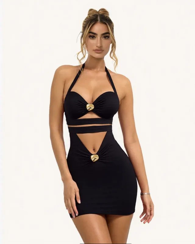 Nevaeh Cut-Out Dress with Gold Accents - Black sold by JW PEI