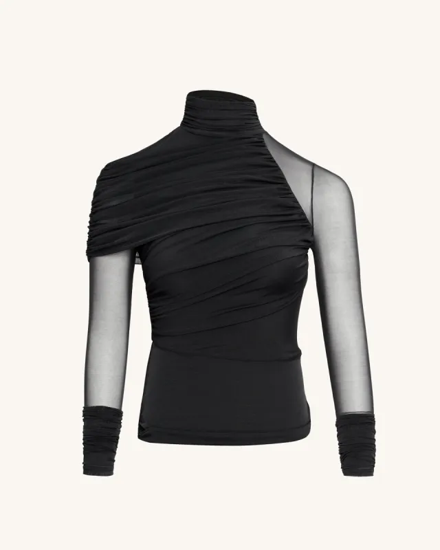 Ella Sheer Ruched Turtleneck Top - Black sold by JW PEI
