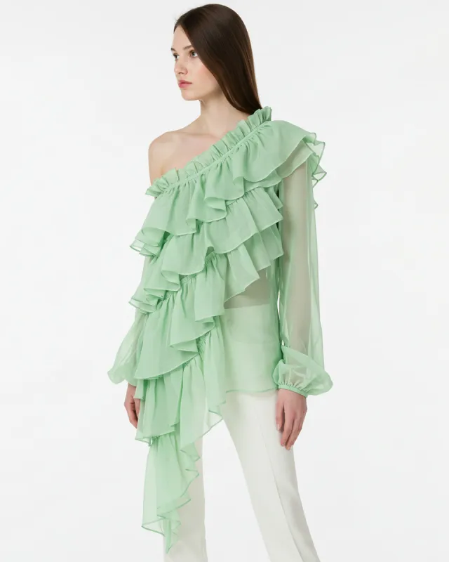 Skylar Asymmetrical Ruffled Blouse - Green sold by JW PEI