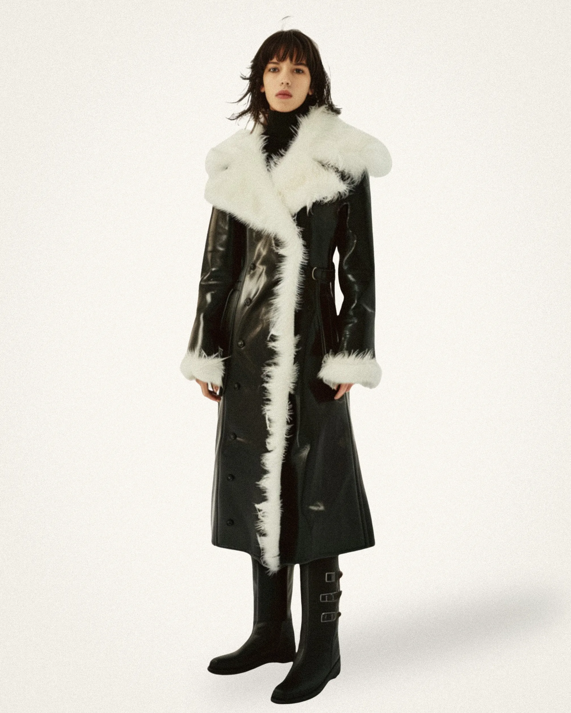 Olivia Faux Fur Trimmed Shearling Coat - Black/White sold by JW PEI