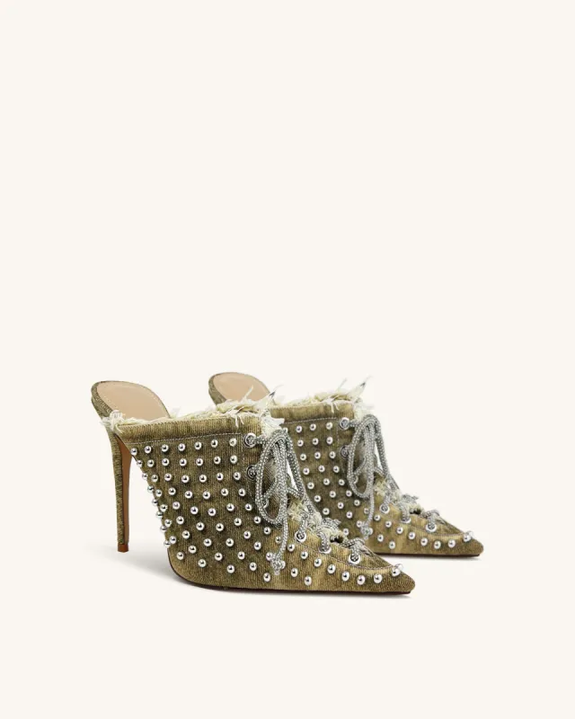 Ellie Studded Lace-Up Heels - Olive Green sold by JW PEI