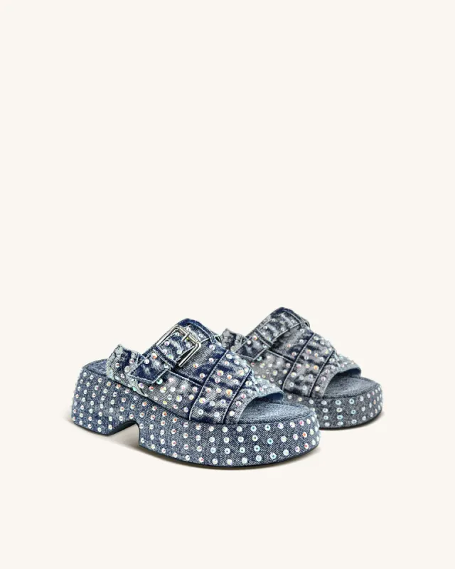 Arianna Denim Studded Slide Sandals - Blue sold by JW PEI