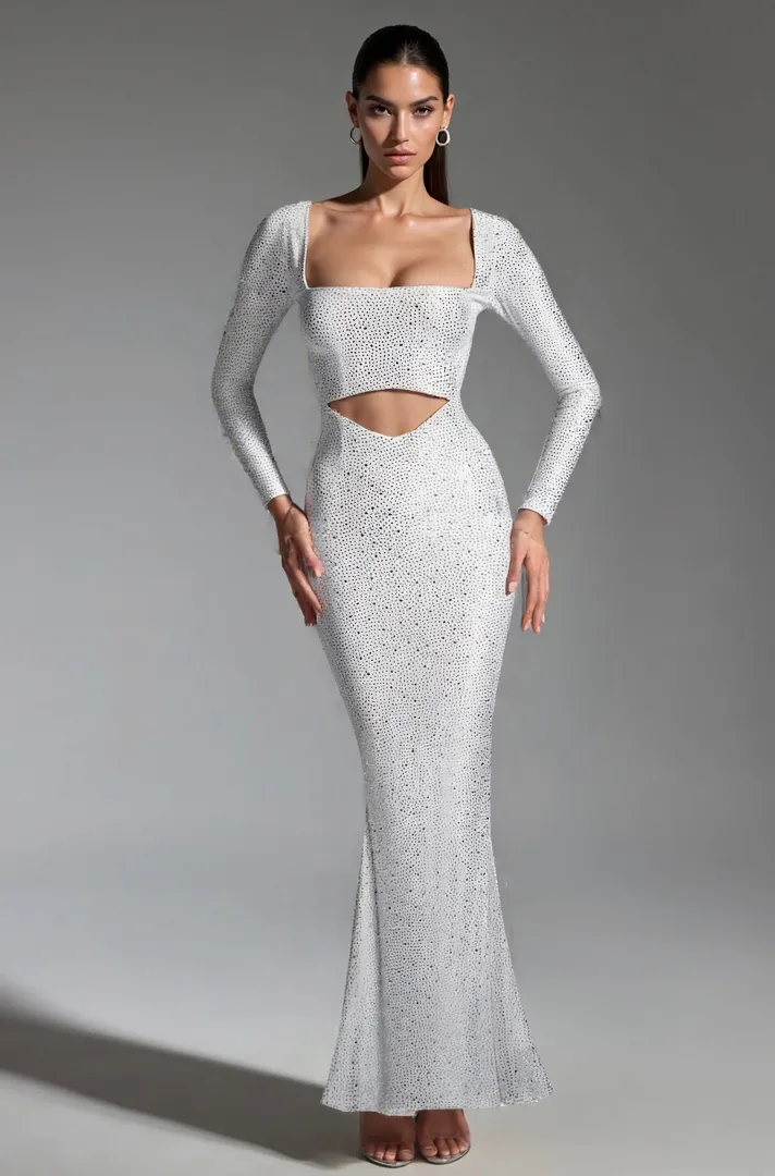 Rhinestone Embellished Cut-Out Maxi Dress - White sold by JW PEI