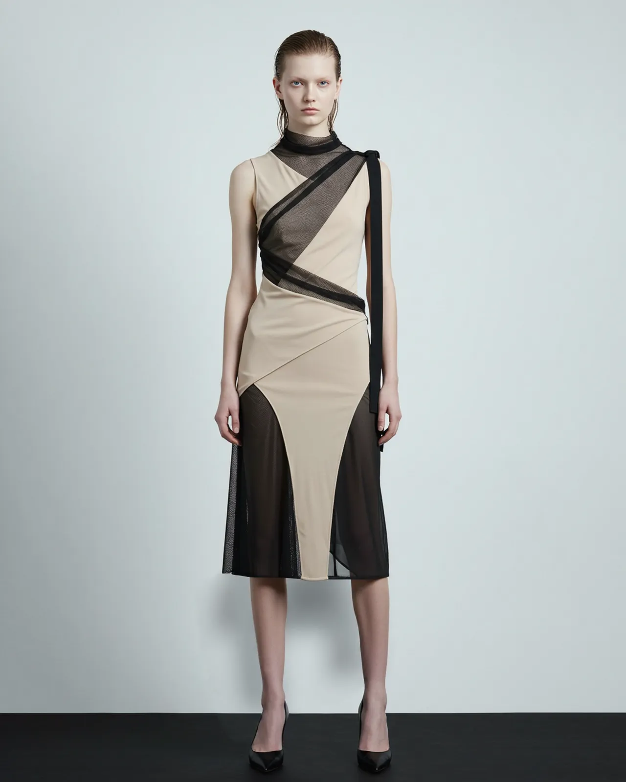 Asymmetrical Mesh Dress - Beige/Black sold by JW PEI