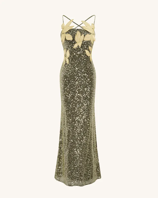Araminta Sequined Gown with Floral Details - Gold sold by JW PEI