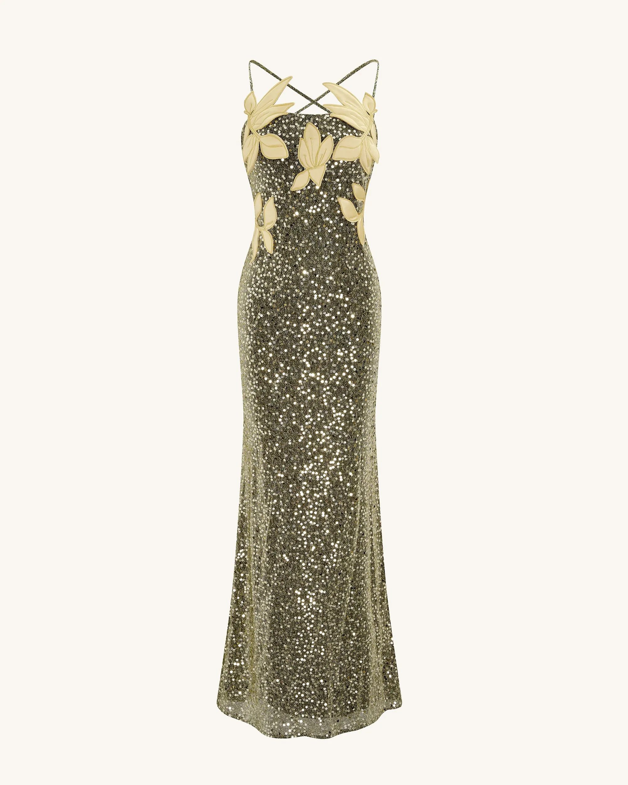 Araminta Sequined Gown with Floral Details - Gold sold by JW PEI