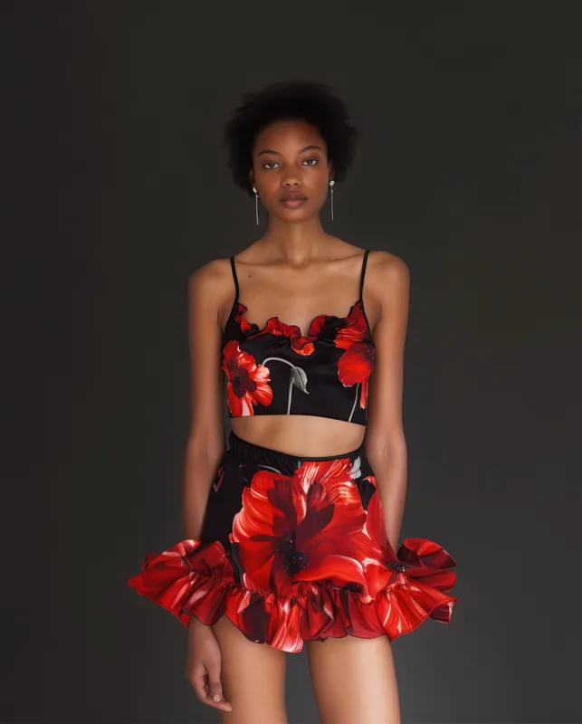 Floral Satin Crop Top and Skirt Set - Black/Red sold by JW PEI