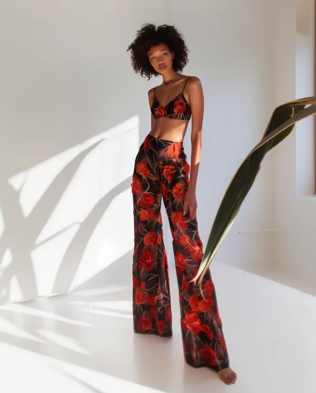 Floral Satin Crop Top and Skirt Set - Black/Red sold by JW PEI
