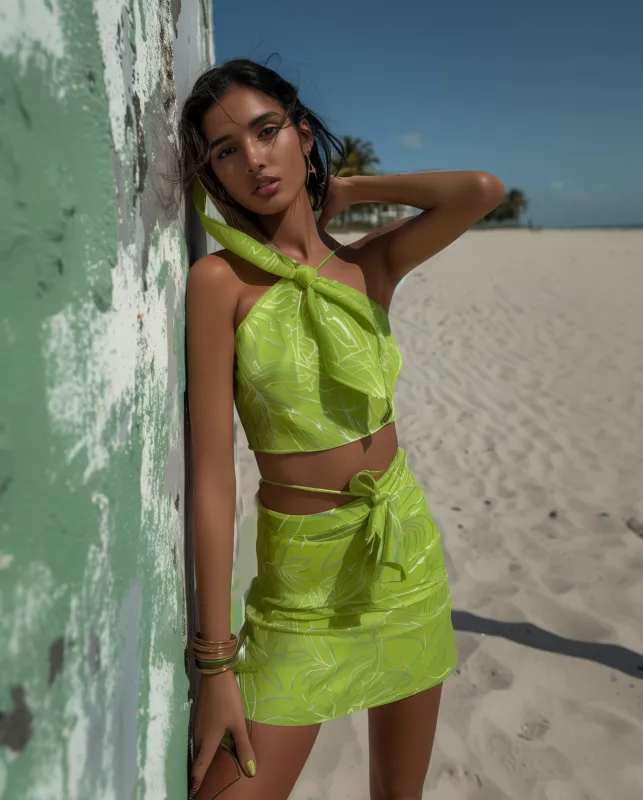 Tropical Satin Halter Dress - Green made by JW PEI