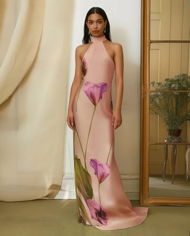 Floral Satin Halter Dress - Pink/Purple sold by JW PEI