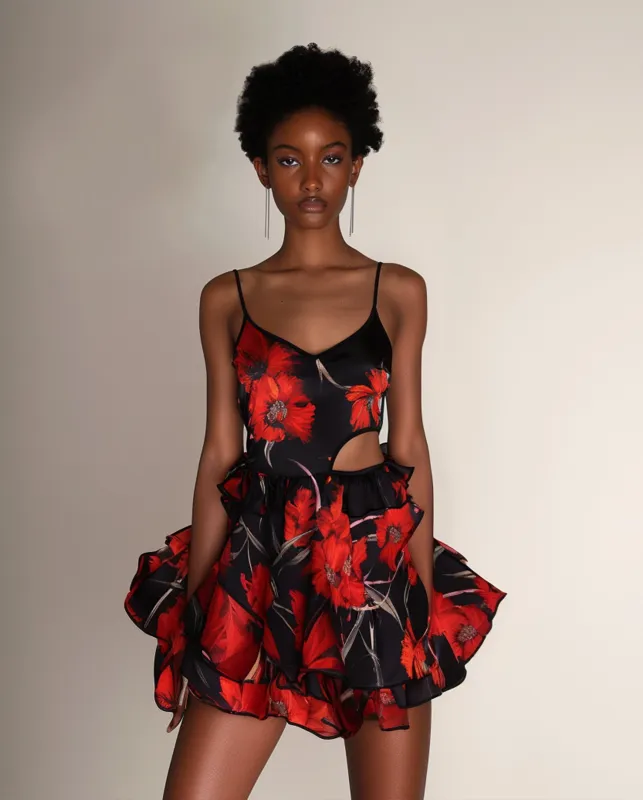 Floral Satin Crossover Dress - Black/Red sold by JW PEI