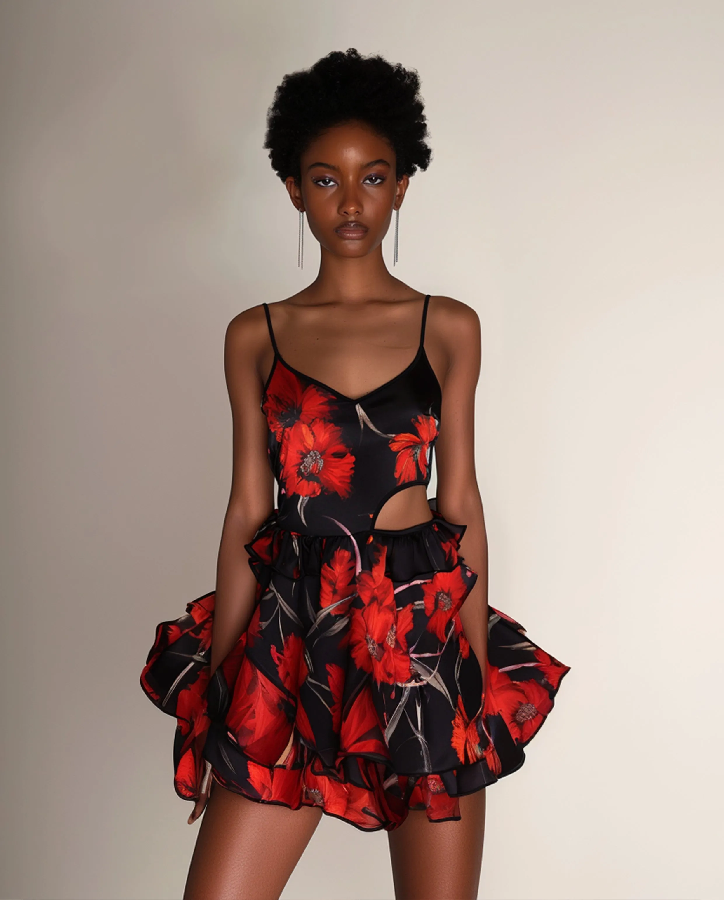 Floral Satin Crossover Dress - Black/Red sold by JW PEI