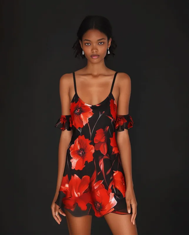 Floral Satin Crossover Dress - Black/Red sold by JW PEI