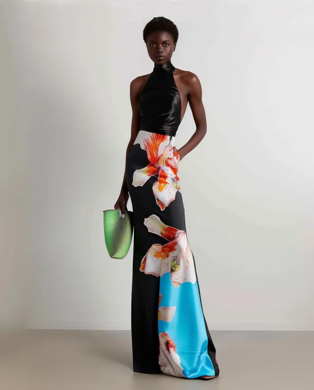 Floral Satin Halter Dress - Multicolor Black sold by JW PEI