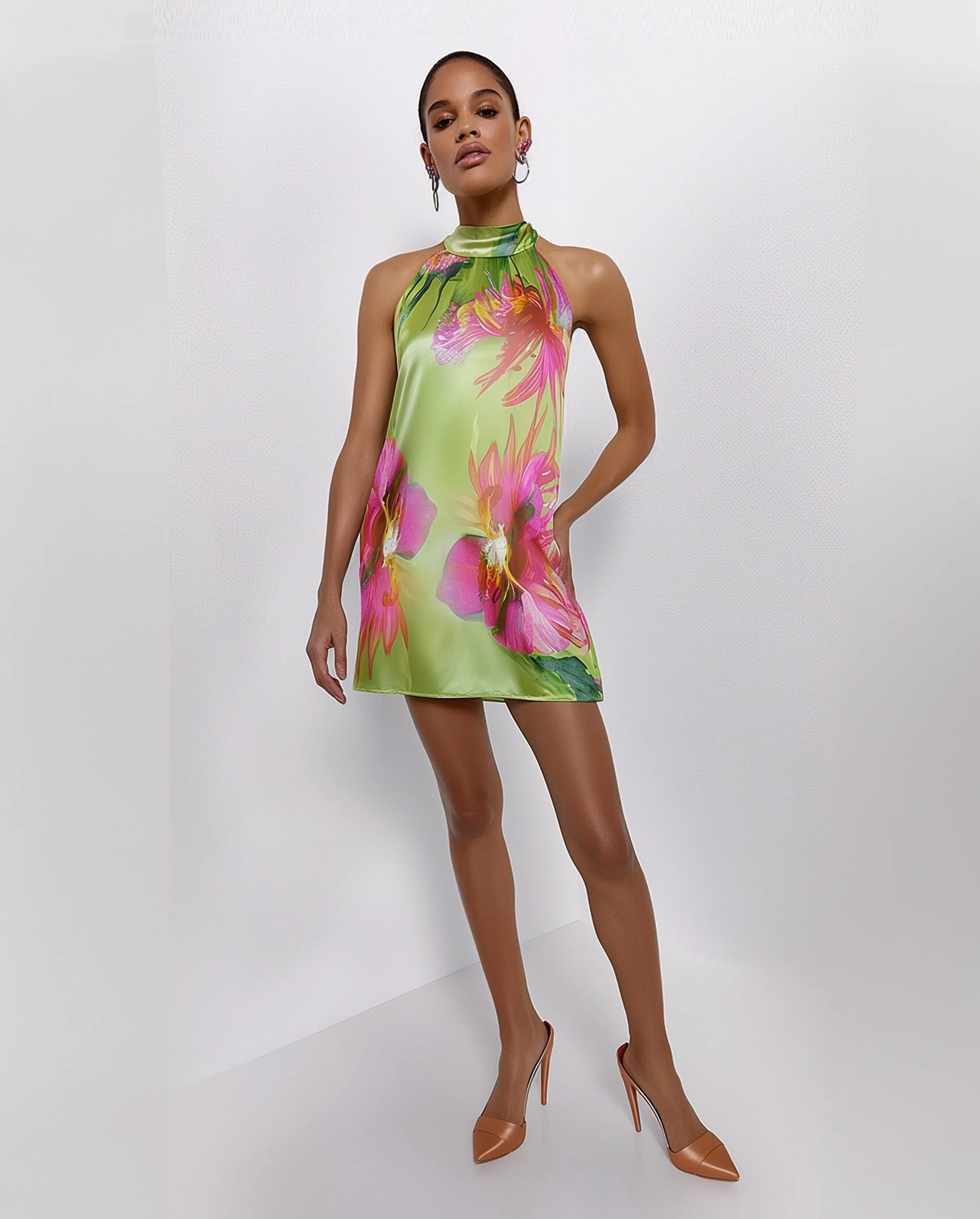 Floral Satin Halter Dress - Green/Pink sold by JW PEI