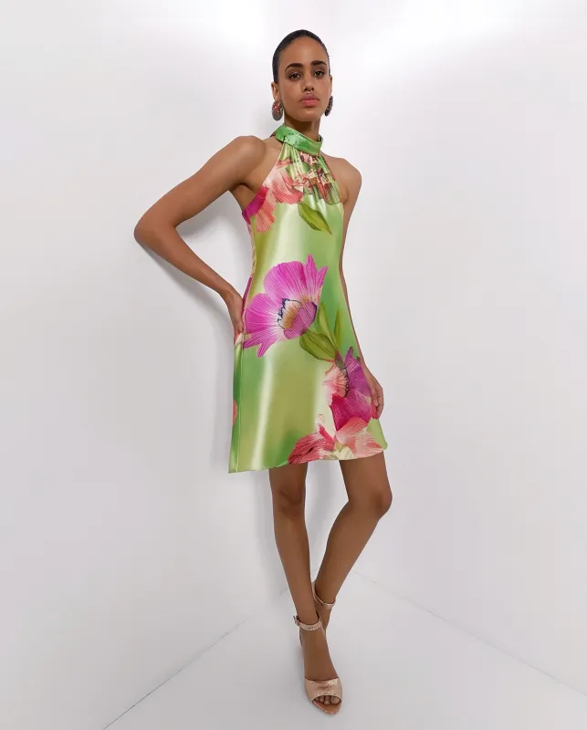 Floral Satin Halter Dress - Green/Pink sold by JW PEI