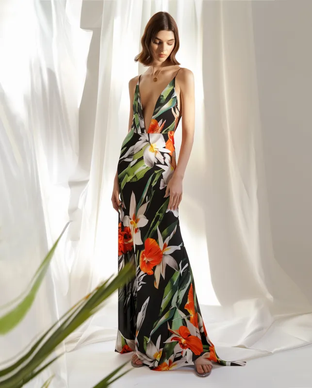 Floral Satin Plunge Dress - Multicolor Black sold by JW PEI