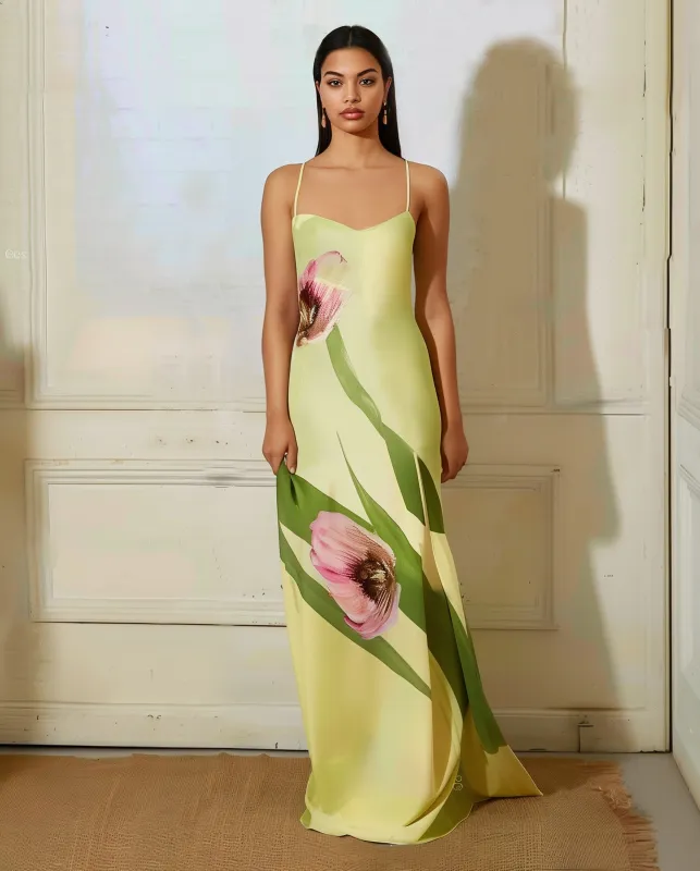Floral Satin Halter Dress - Multicolor Yellow sold by JW PEI