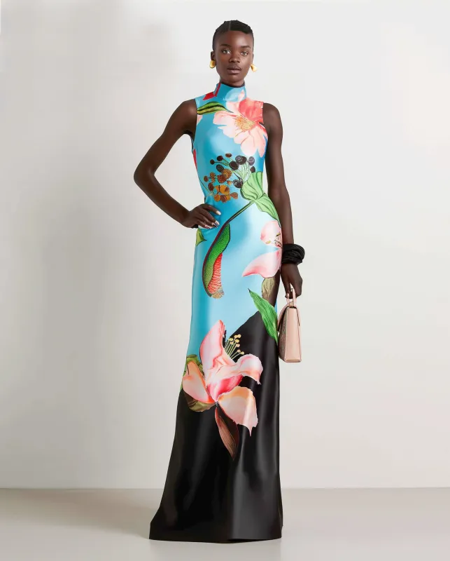 Floral Satin Halter Dress - Multicolor Black sold by JW PEI