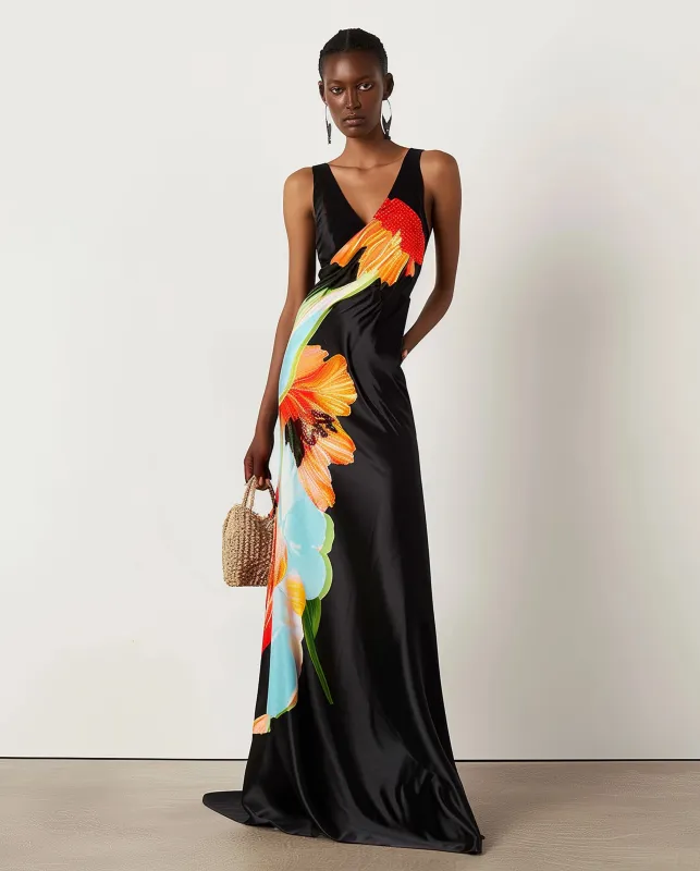 Floral Satin Halter Dress - Multicolor Black sold by JW PEI