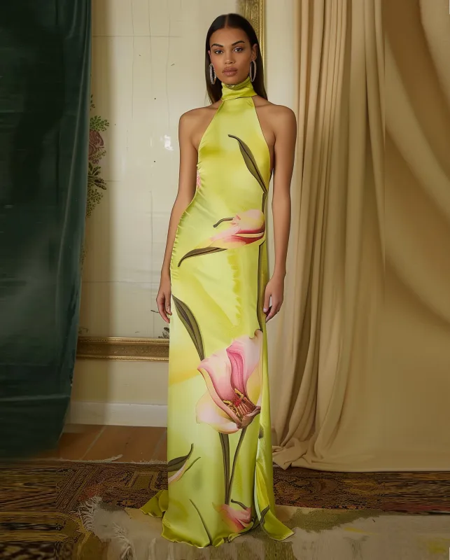 Floral Satin Halter Dress - Yellow/Peach sold by JW PEI