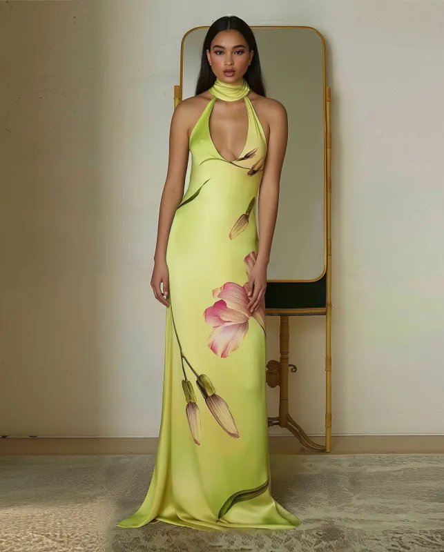 Floral Satin Halter Dress - Yellow/Red sold by JW PEI