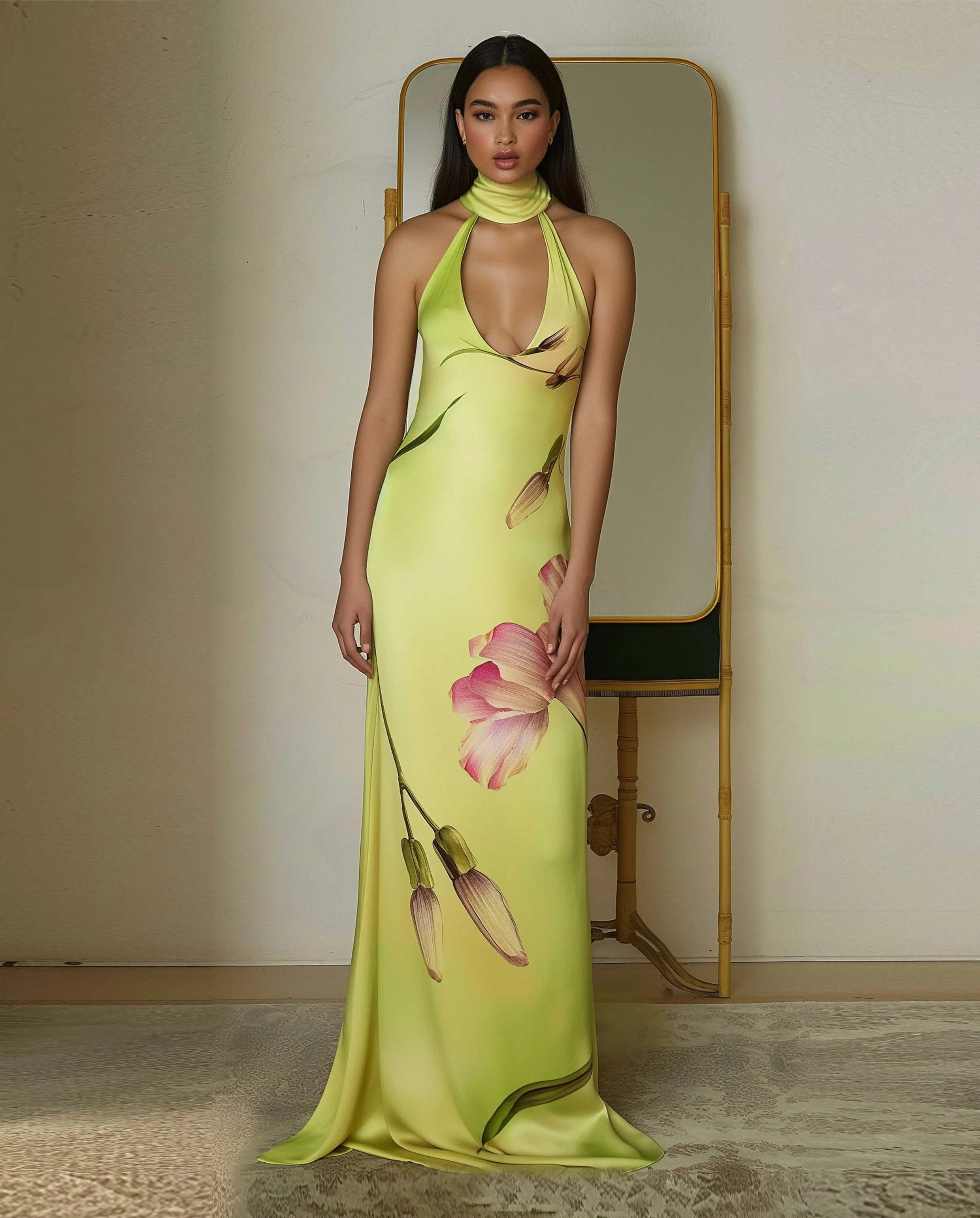 Floral Satin Halter Dress - Yellow/Red sold by JW PEI