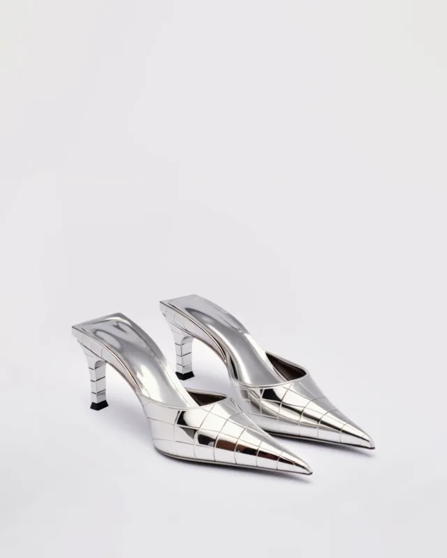 Maya Croc-Embossed High Heel Mules - Silver sold by JW PEI